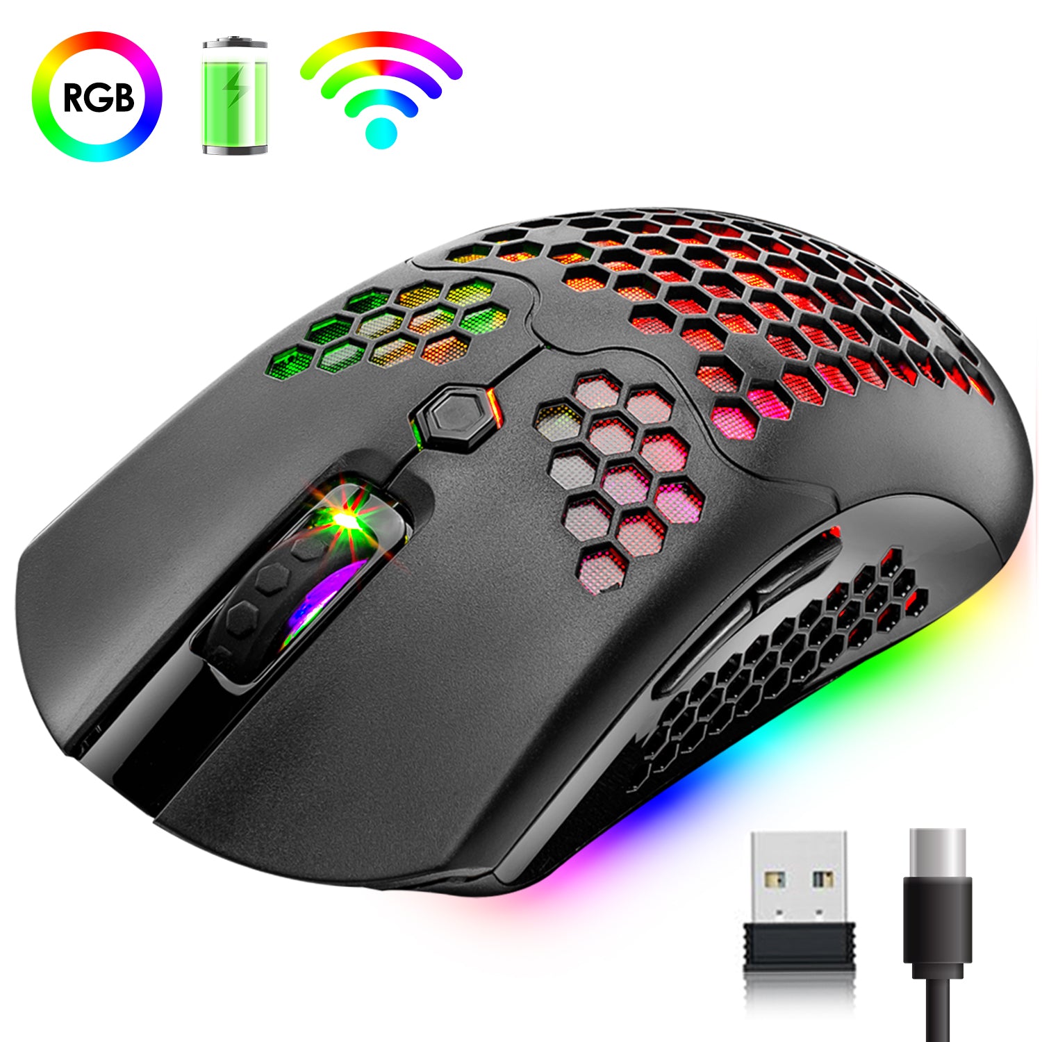 ワイヤレスゲーミングマウス、16 RGBバックライト付き超軽量ワイヤレス