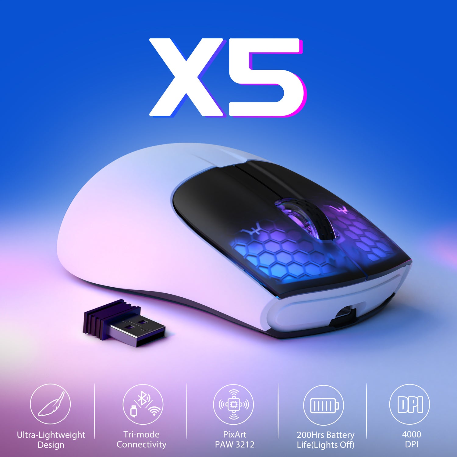 ATTACK SHARK X5 Wireless Gaming Mouse, 49g Ultralight Tri-mode 2.4Ghz/