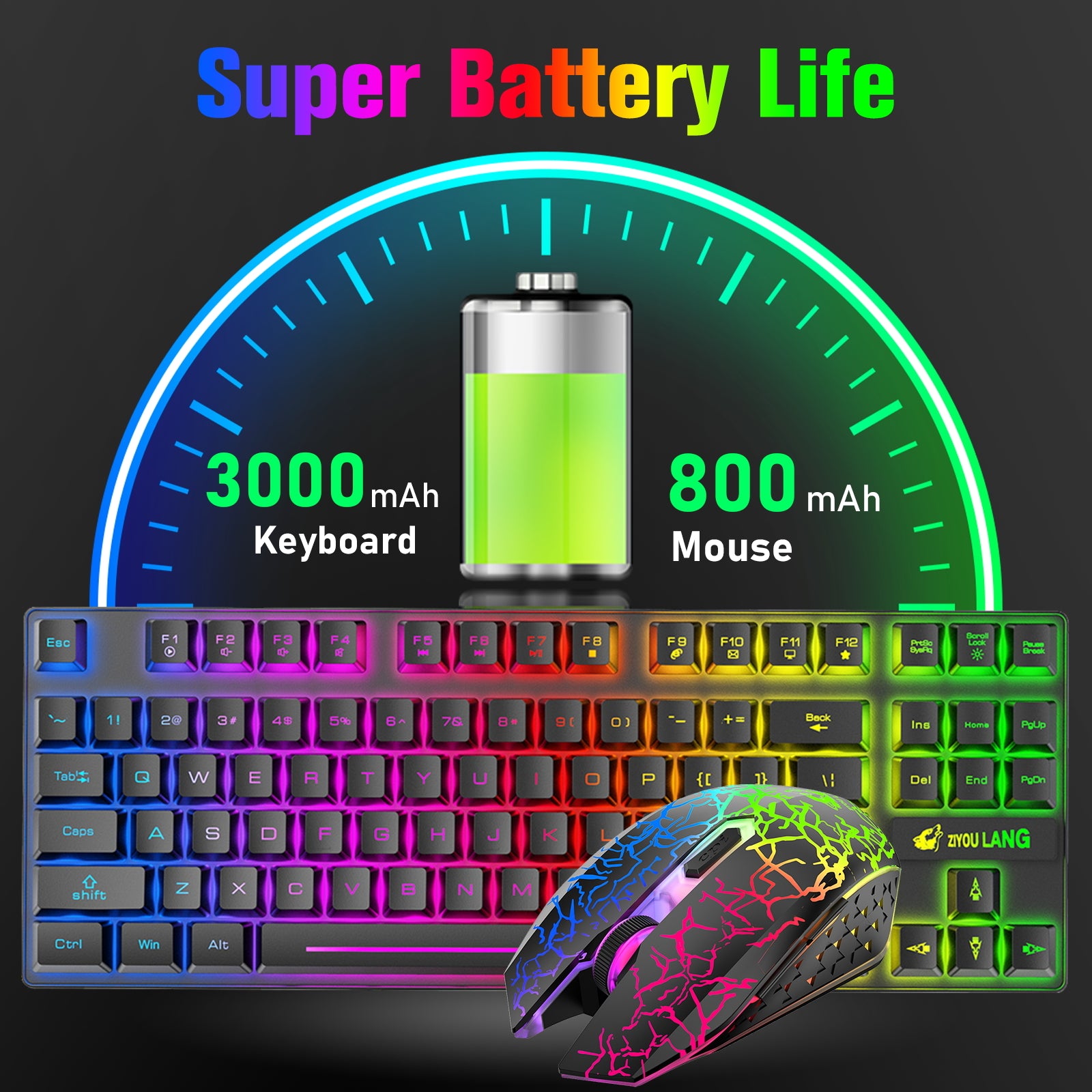 ZIYOULANG Wireless Gaming Keyboard and Mouse Combo with 87 Key Rainbow LED  Backlight Rechargeable 3800mAh Battery Mechanical Feel Ergonomic Waterproof  RGB Mute Mice for Computer PC Mac PS4 Gamer-Black 