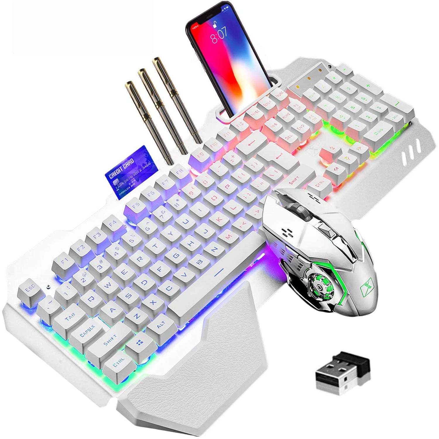 ワイヤレスゲーミングキーボードとマウス、3800mAhバッテリーメタルパネルを備えたレインボーバックライト付き充電式キーボードマウス、取り外し可能なハンドレストメカニカルフィールキーボード、PCゲーマー向けの7色ゲーミングミュートマウス