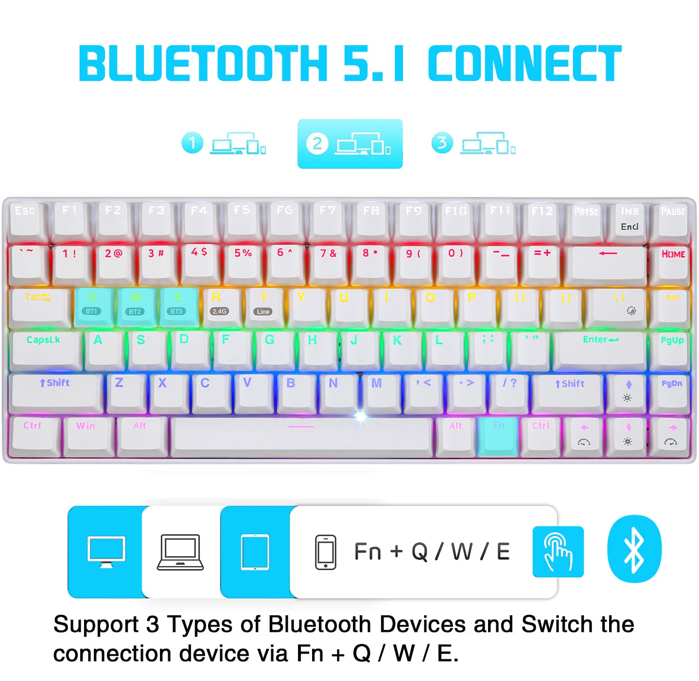 Clavier mécanique RK61, clavier de jeu Multi-appareils Bluetooth 3.0,  clavier