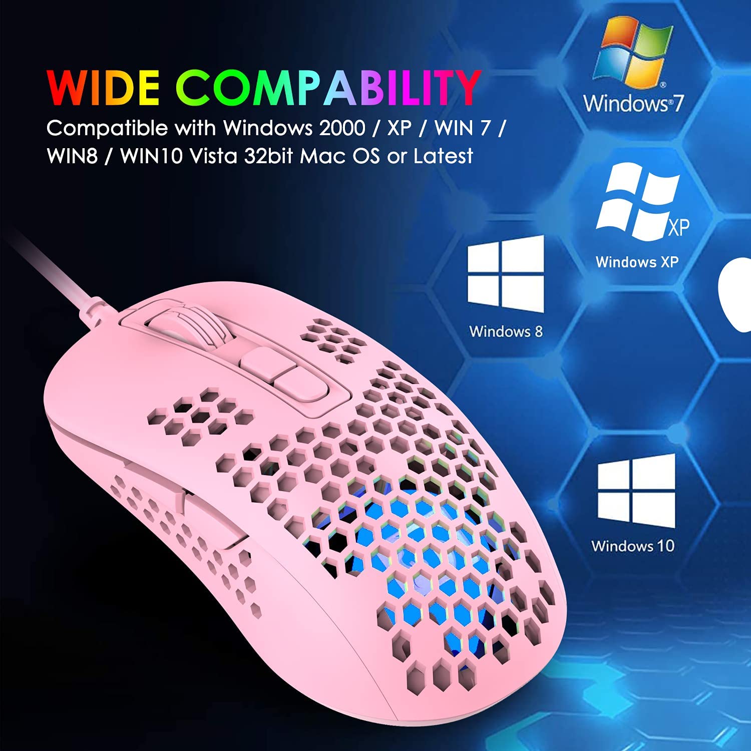 High Quality Lightweight Wired RGB Gamer Mouse 7200DPI Honeycomb Shell  Ergonomic For Computer Laptop PC Desktop Black White Pink
