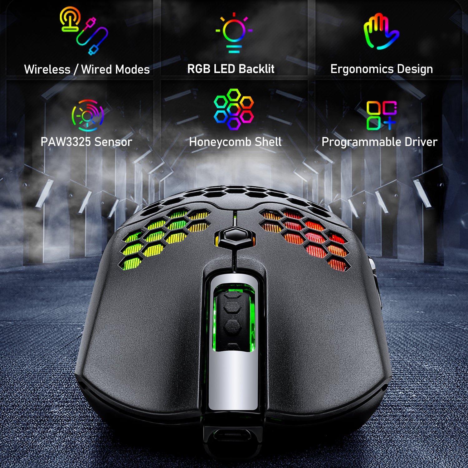 recargable Dual mode Bluetooth Wireless Gaming Mouse with Honeycomb Shell  Ergonomic USB Optical Wireless Mouse RGB Backlight